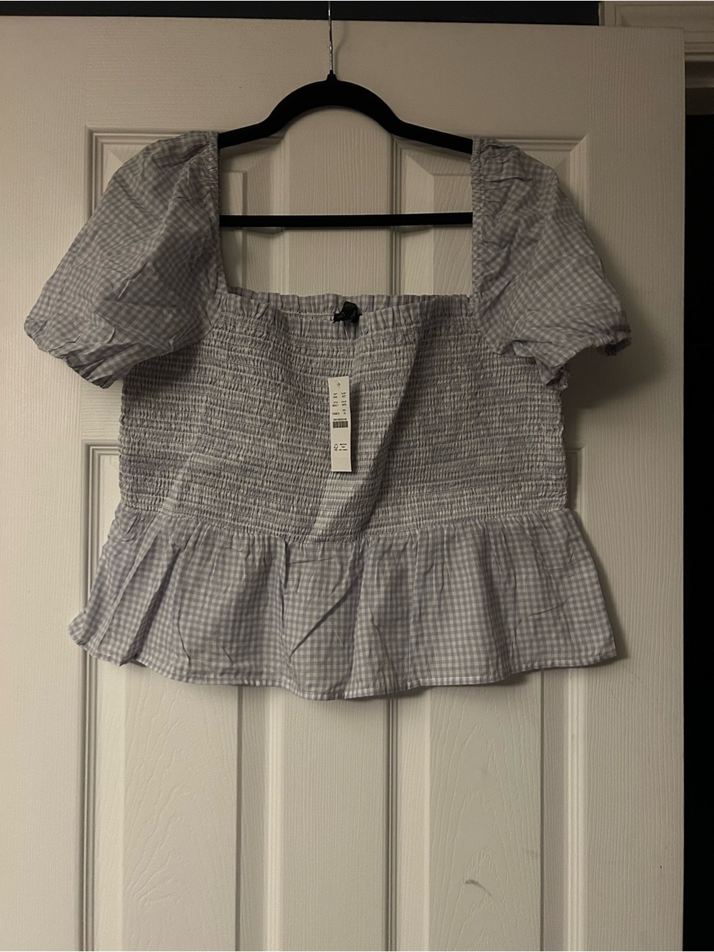 J.Crew Smocked Gingham Puff Sleeve Peplum Top - Light Blue